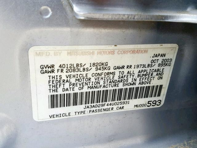 JA3AD29F44U025931 - 2004 MITSUBISHI LANCER LS SILVER photo 10