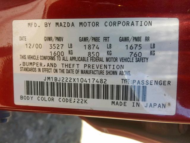 JM1BJ222X10417482 - 2001 MAZDA PROTEGE DX RED photo 10