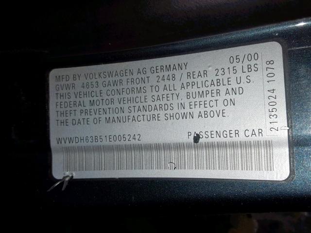 WVWDH63B51E005242 - 2001 VOLKSWAGEN PASSAT GLS BLUE photo 10