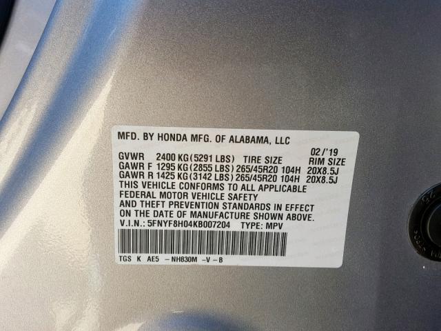 5FNYF8H04KB007204 - 2019 HONDA PASSPORT E 灰色 照片 10