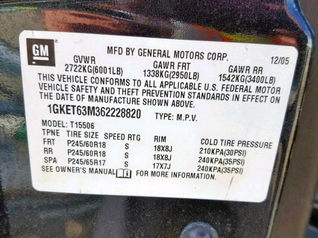 1GKET63M362228820 - 2006 GMC ENVOY DENA CHARCOAL photo 10