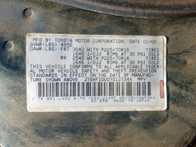 JT6HF10U0Y0127344 - 2000 LEXUS RX 300 GREEN photo 10