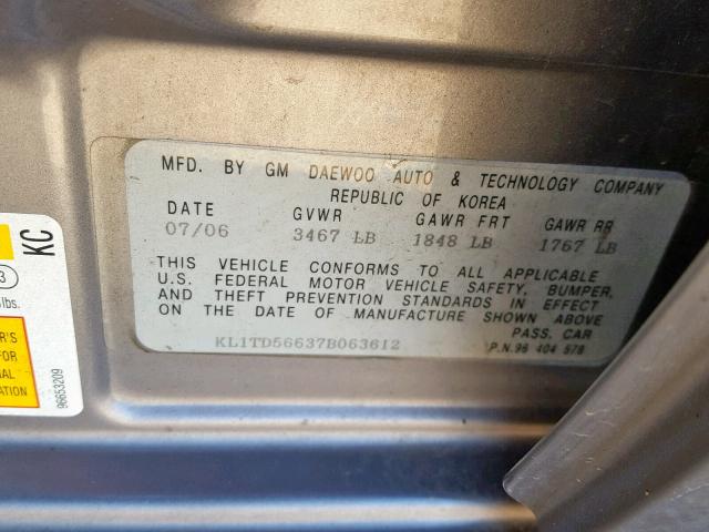 KL1TD56637B063612 - 2007 CHEVROLET AVEO BASE Сұр фото 10