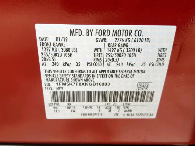 1FM5K7F8XKGB16883 - 2019 FORD EXPLORER L RED photo 10