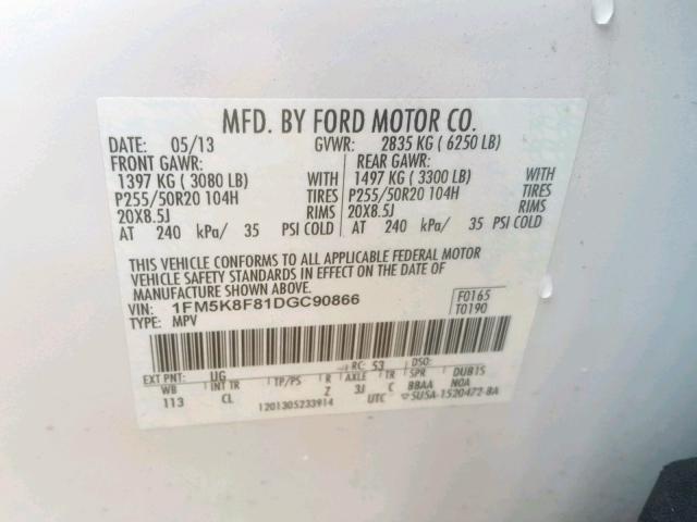 1FM5K8F81DGC90866 - 2013 FORD EXPLORER L WHITE photo 10