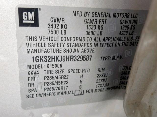 1GKS2HKJ9HR329587 - 2017 GMC YUKON XL D SILVER photo 10