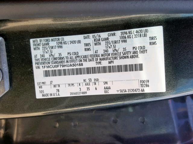 1FMCU0F79HUA50188 - 2017 FORD ESCAPE S CHARCOAL photo 10