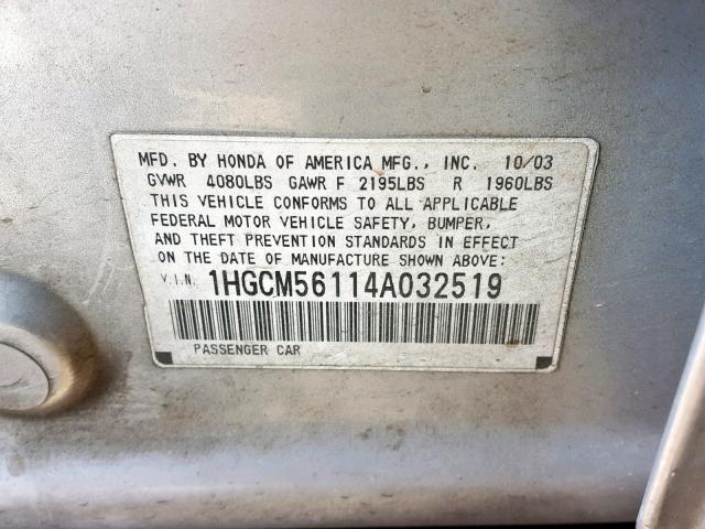 1HGCM56114A032519 - 2004 HONDA ACCORD DX SILVER photo 10