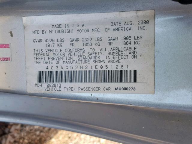 4C3AG52H21E051281 - 2001 CHRYSLER SEBRING LX SILVER photo 10