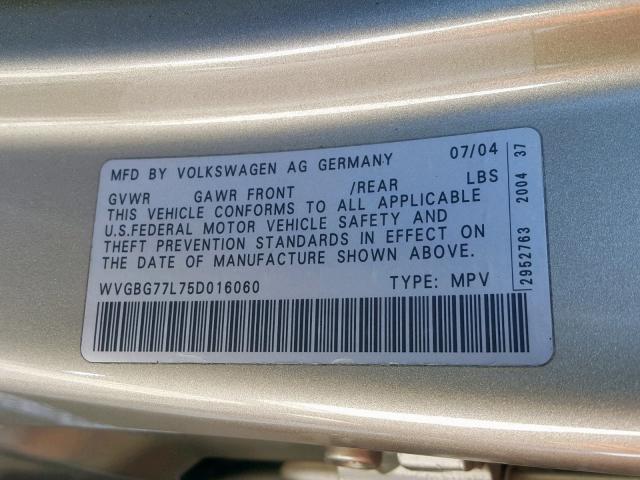 WVGBG77L75D016060 - 2005 VOLKSWAGEN TOUAREG 3. GOLD photo 10