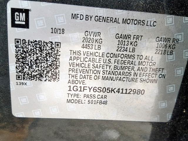 1G1FY6S05K4112980 - 2019 CHEVROLET BOLT EV LT GRAY photo 10