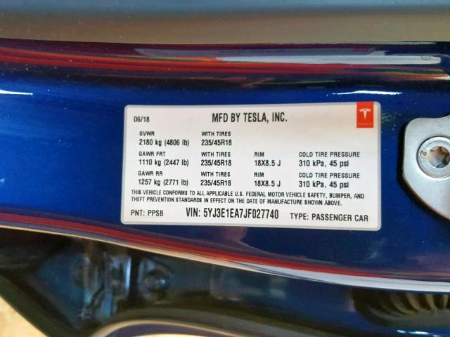 5YJ3E1EA7JF027740 - 2018 TESLA MODEL 3 BLUE photo 10