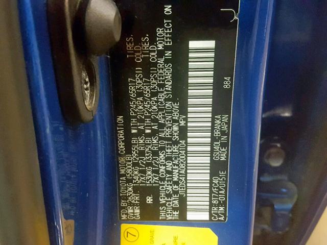 JTEDS41A082004104 - 2008 TOYOTA HIGHLANDER BLUE photo 10