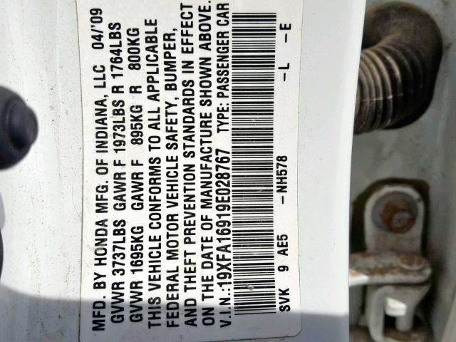 19XFA16919E028767 - 2009 HONDA CIVIC EXL WHITE photo 10