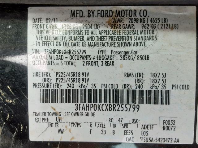 3FAHP0KCXBR255799 - 2011 FORD FUSION SPO BLACK photo 10