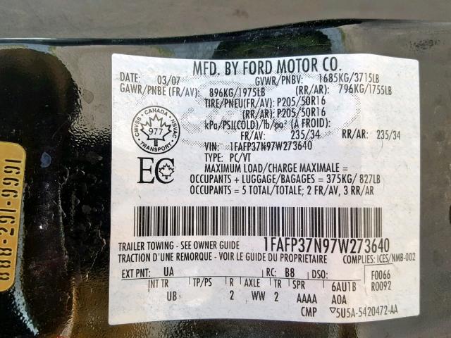 1FAFP37N97W273640 - 2007 FORD FOCUS ZX5 BLACK photo 10