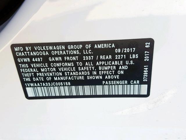 1VWAA7A33JC005158 - 2018 VOLKSWAGEN PASSAT S WHITE photo 10