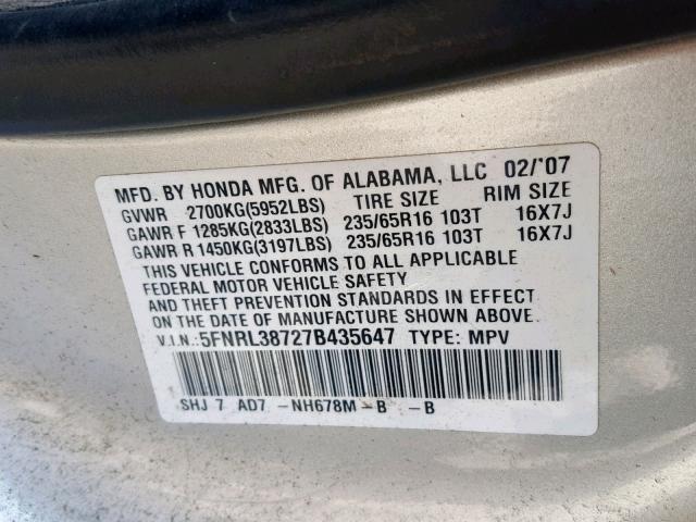 5FNRL38727B435647 - 2007 HONDA ODYSSEY EX SILVER photo 10