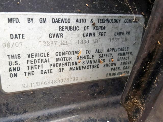 KL1TD66648B075792 - 2008 CHEVROLET AVEO BASE Қара фото 10