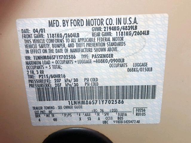 1LNHM86S71Y702586 - 2001 LINCOLN LS 奶油色 照片 10