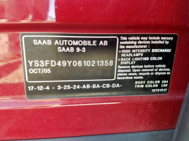 YS3FD49Y061021358 - 2006 SAAB 9-3 RED photo 10