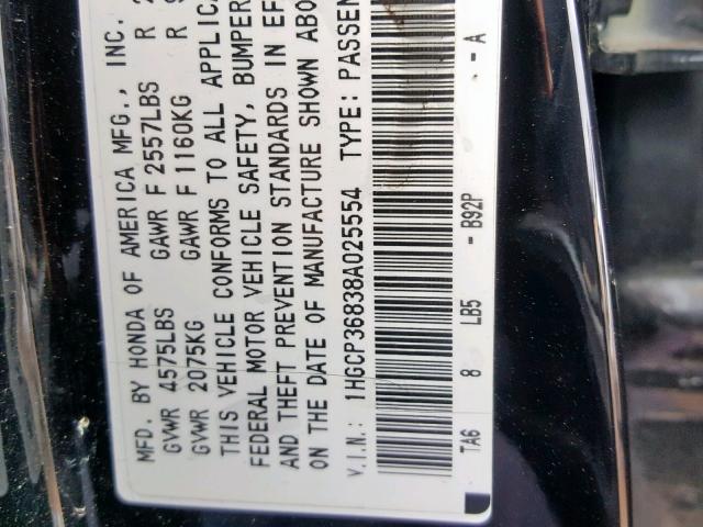 1HGCP36838A025554 - 2008 HONDA ACCORD EXL BLACK photo 10