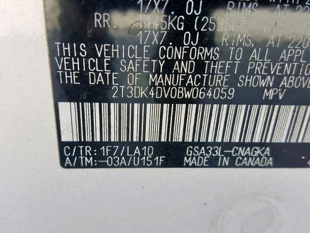 2T3DK4DV0BW064059 - 2011 TOYOTA RAV4 LIMIT SILVER photo 10