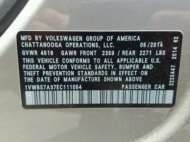 1VWBS7A37EC111054 - 2014 VOLKSWAGEN PASSAT SE SILVER photo 10