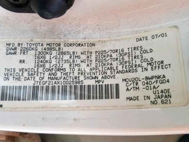 JTEGF21AX10025985 - 2001 TOYOTA HIGHLANDER WHITE photo 10