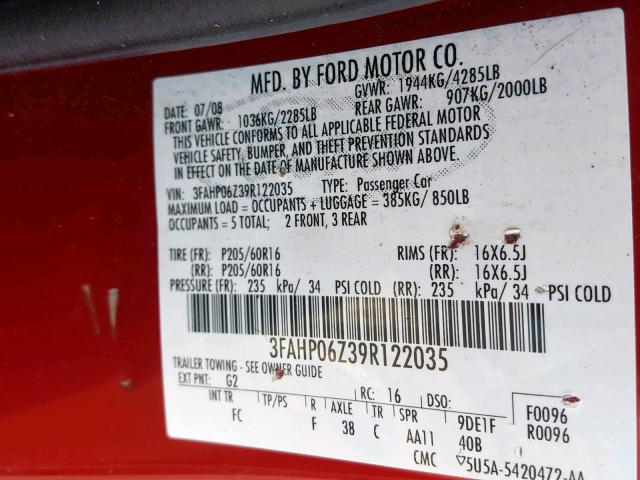 3FAHP06Z39R122035 - 2009 FORD FUSION S RED photo 10
