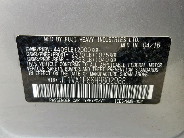 JF1VA1F66H9802988 - 2017 SUBARU WRX PREMIU SILVER photo 10