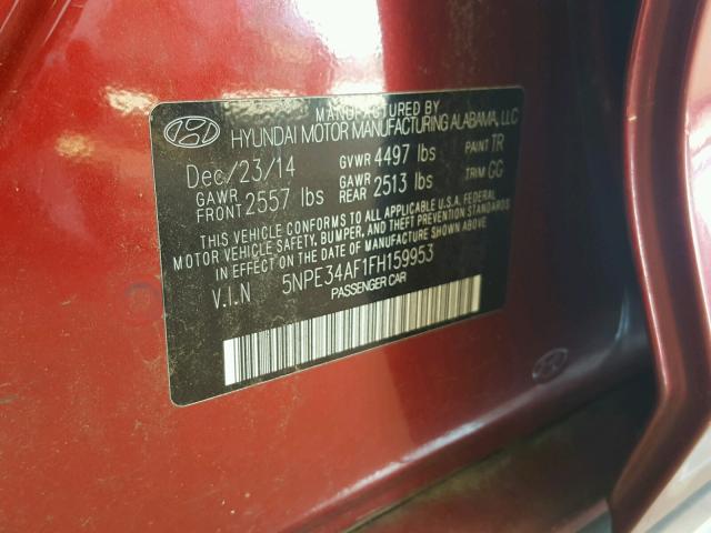 5NPE34AF1FH159953 - 2015 HYUNDAI SONATA SPO RED photo 10