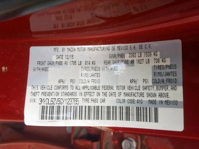 3MYDLBZV5GY123765 - 2016 TOYOTA SCION IA RED photo 10