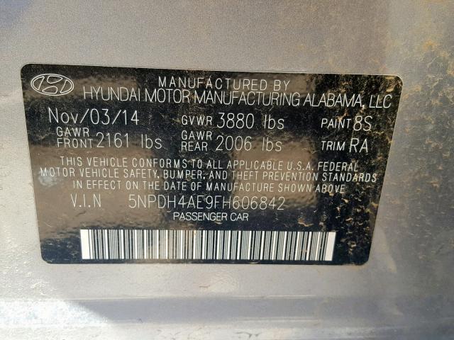 5NPDH4AE9FH606842 - 2015 HYUNDAI ELANTRA SE SILVER photo 10