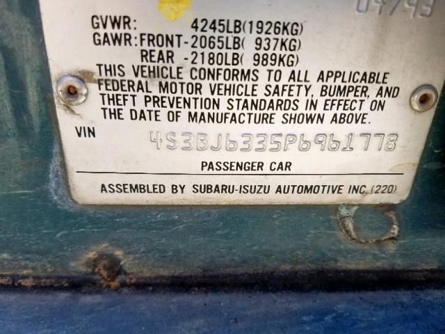 4S3BJ6335P6961778 - 1993 SUBARU LEGACY L TEAL photo 10