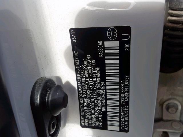 NMTKHMBX4JR015780 - 2018 TOYOTA C-HR XLE WHITE photo 10