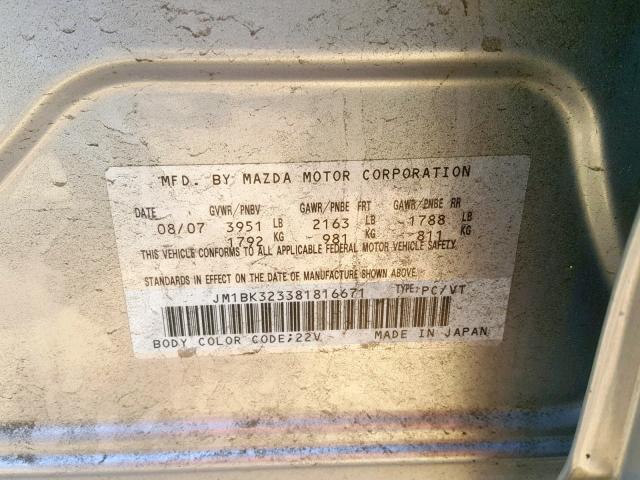 JM1BK323381816671 - 2008 MAZDA 3 S SILVER photo 10