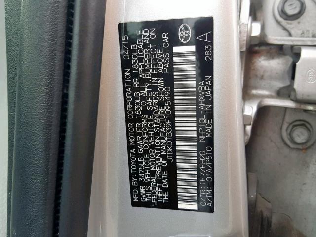 JTDKDTB39F1095490 - 2015 TOYOTA PRIUS C SILVER photo 10