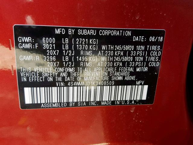 4S4WMAJD1K3408509 - 2019 SUBARU ASCENT LIM RED photo 10