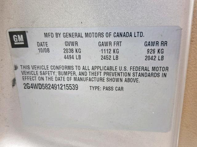 2G4WD582491215539 - 2009 BUICK LACROSSE C TAN photo 10