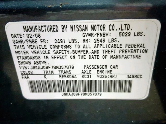 JNKAJ09F78M357879 - 2008 INFINITI EX35 BASE GRAY photo 10