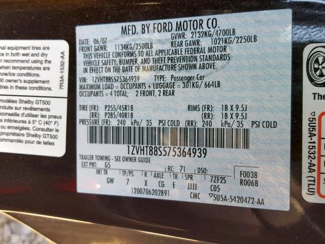 1ZVHT88S575364939 - 2007 FORD MUSTANG SH GRAY photo 10