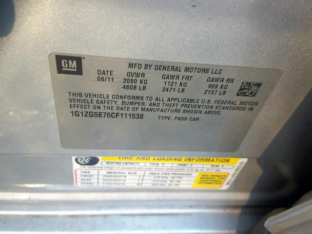 1G1ZG5E76CF111538 - 2012 CHEVROLET MALIBU LTZ 银色 照片 10