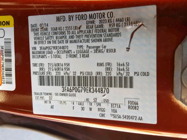 3FA6P0G79ER344870 - 2014 FORD FUSION S RED photo 10