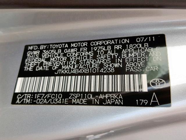 JTKKU4B4XB1014238 - 2011 TOYOTA SCION XD SILVER photo 10