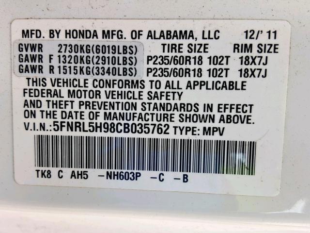 5FNRL5H98CB035762 - 2012 HONDA ODYSSEY TO WHITE photo 10