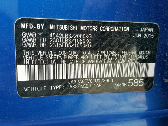 JA32W8FV0FU023903 - 2015 MITSUBISHI LANCER EVO BLUE photo 10