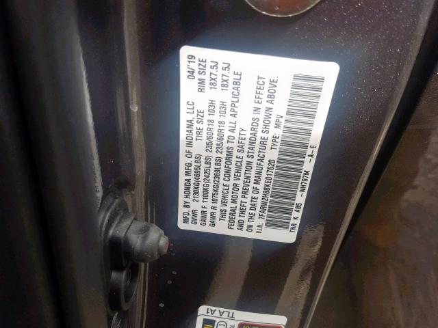 7FARW2H88KE017620 - 2019 HONDA CR-V EXL SILVER photo 10