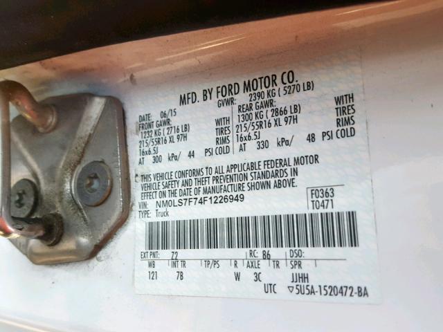 NM0LS7F74F1226949 - 2015 FORD TRANSIT CO WHITE photo 10