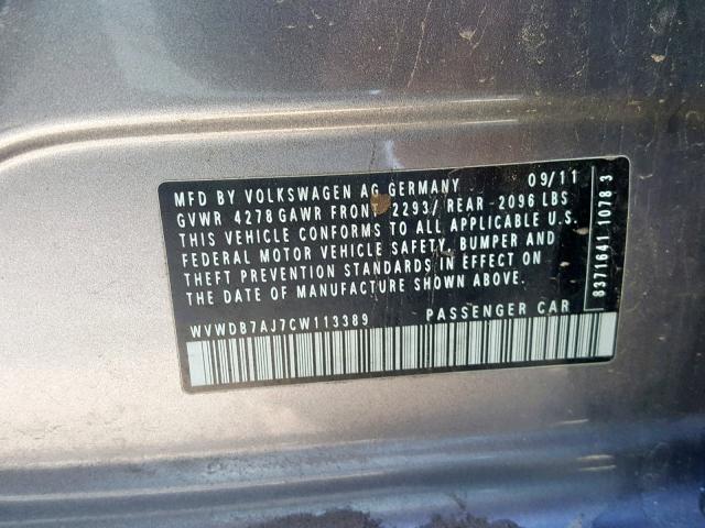 WVWDB7AJ7CW113389 - 2012 VOLKSWAGEN GOLF 灰色 照片 10
